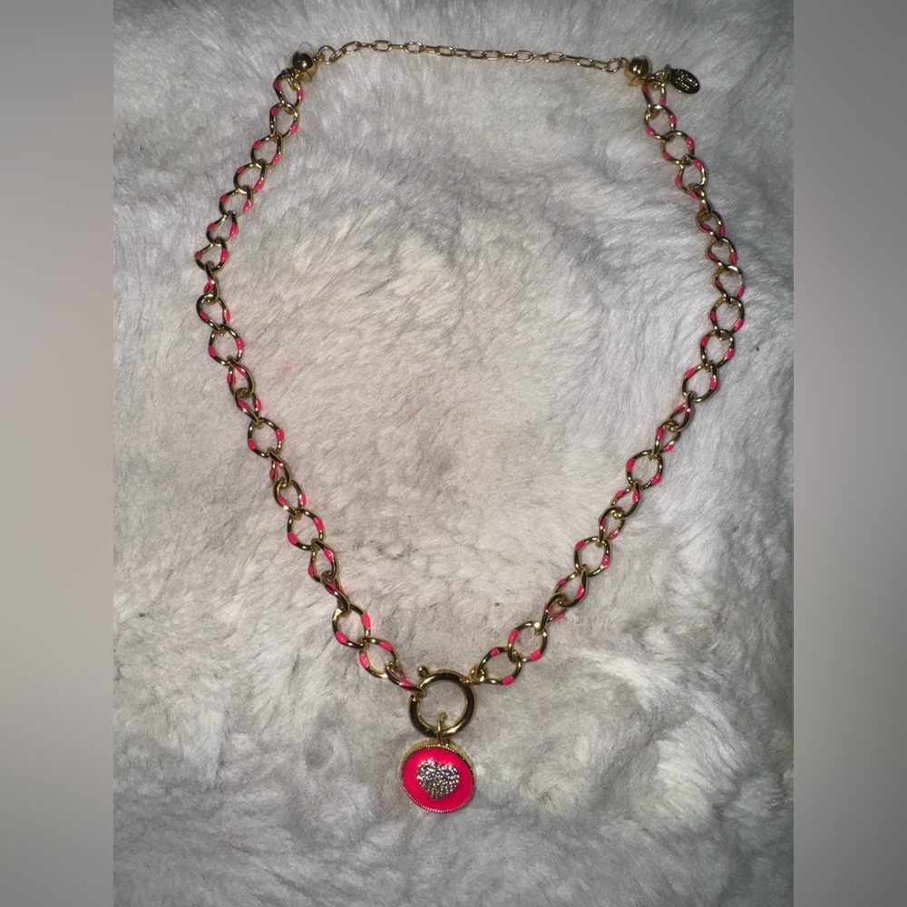 By Alexa Rae BAR Gold and Pink enamel heart Chain Necklace